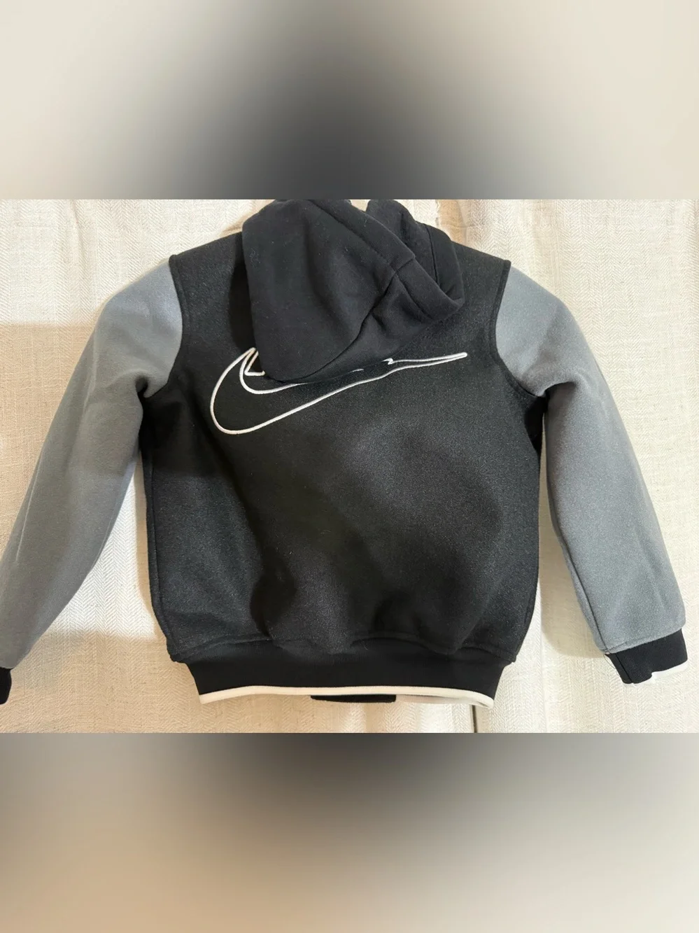 Nike Black and Gray Hooded Varsity Jacket with White Logo